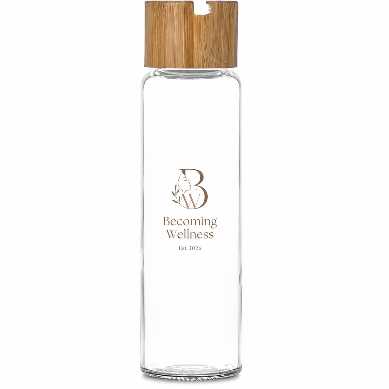 Becoming Wellness 700ml glass water bottle with bamboo lid